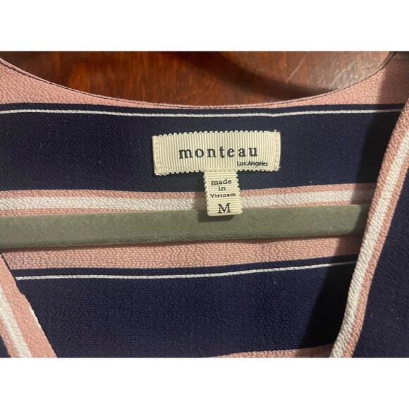MONTEAU STRIPED PEPLUM BLOUSE NAVY PINK WHITE V-NECK BUTTONS PULLOVER M - Picture 2 of 9